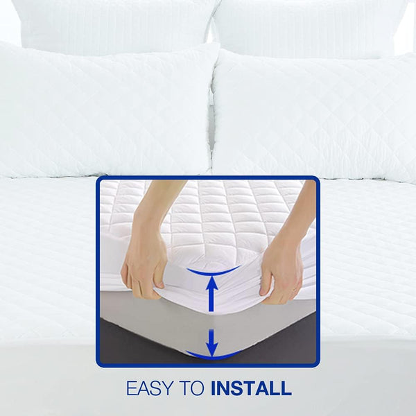 100% Pure Poly-Cotton Quilted Fitted Mattress Protector, Noise-Free Bedding Stretches Up to 30 cm/11 Inches Deep - Mattress Topper