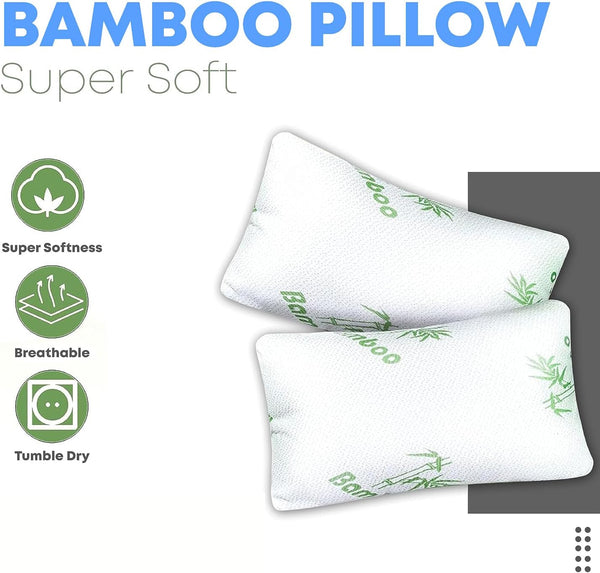 2 Pack Bamboo Bed Pillows – Hollowfiber Filling, Neck Support for Side, Back & Stomach Sleepers – Pain Relief Body Pillows with Removable Washable Covers