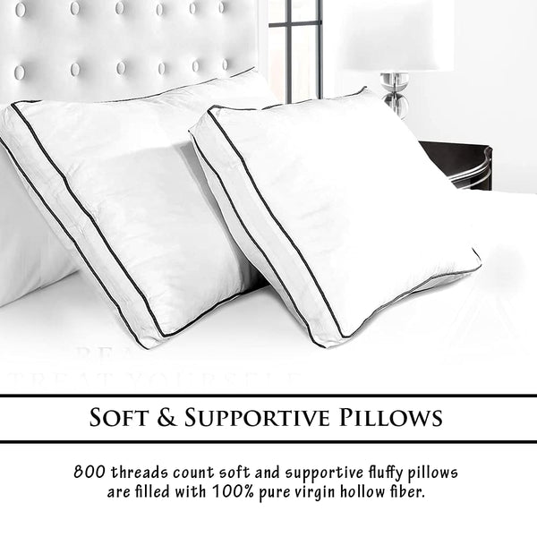 Crescent Textile 800 Thread Count 100% Pure Cotton Premium Quality Cover 1100 Gram Double Piping Edges Guest Pillow Pair Pack Filled with Virgin Hollowfiber