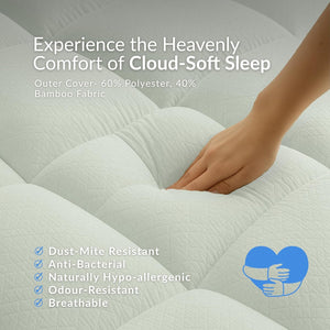 Cloud Mattress Topper with Bamboo Pillow Top Cover 10 cm Thick Cool & Breathable, Virgin Hallow Fibre Filling, Quilted Super Fluffy Extra Deep Topper